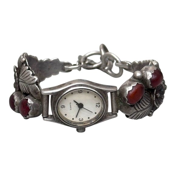 Vtg Navajo LY L Yazzie Sterling Silver Womens Watch Southwest Coral Red Floral 7 - Picture 4 of 8